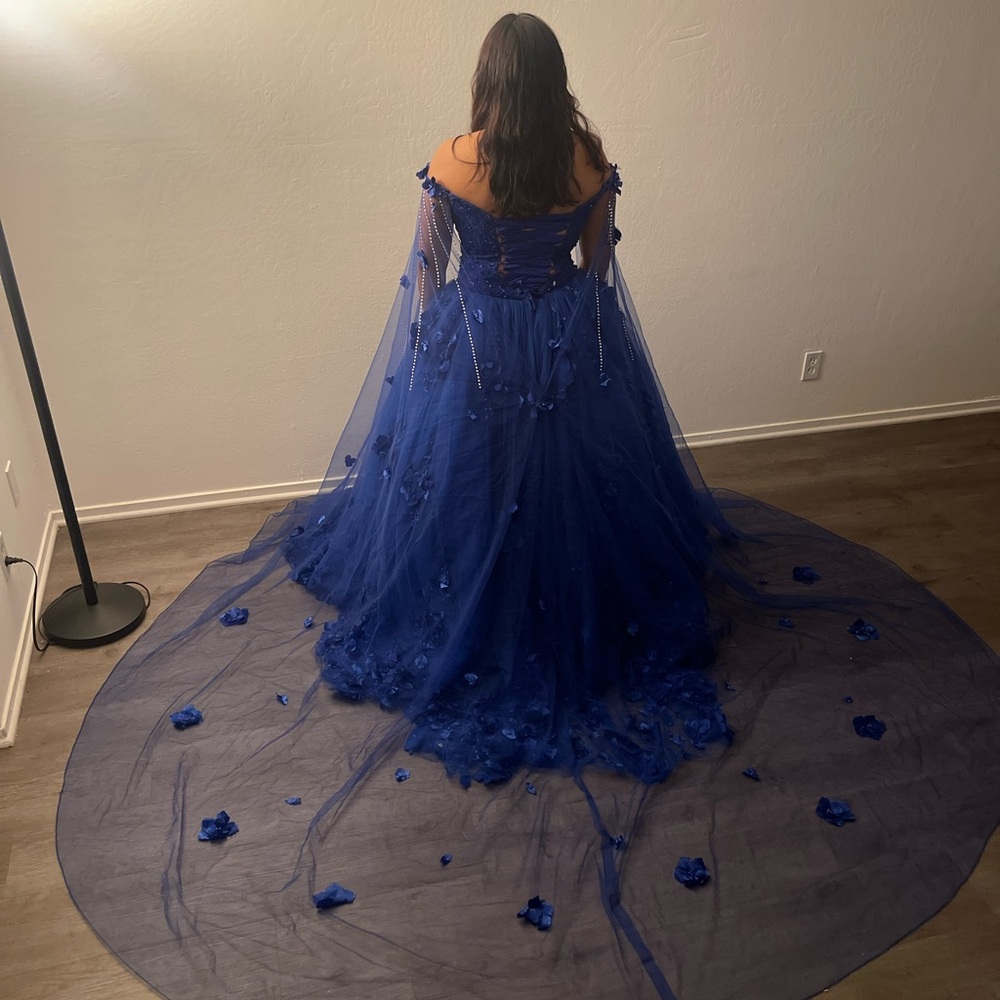 Elegant Blue Gown with Floral Details (trying to sell as soon as possible)